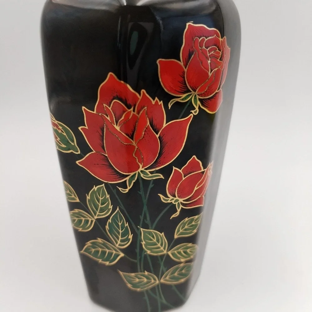 VTG Otagiri Japan Crimson Rose Black Porcelain Vase Octagon Gold‎ Trim 6